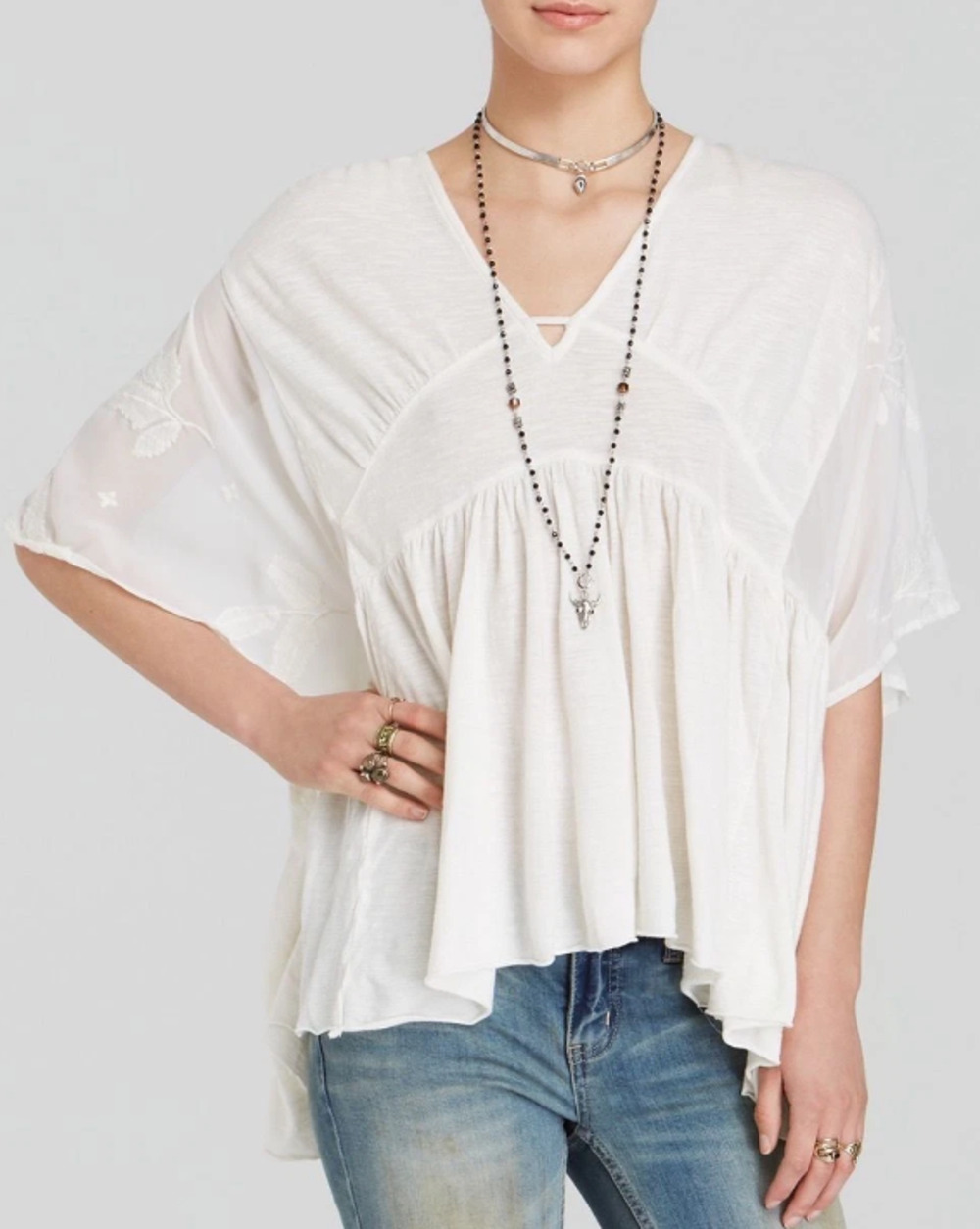 FREE PEOPLE Top L New World Caftan Kaftan Oversized Sheer Tunic Boho Off White